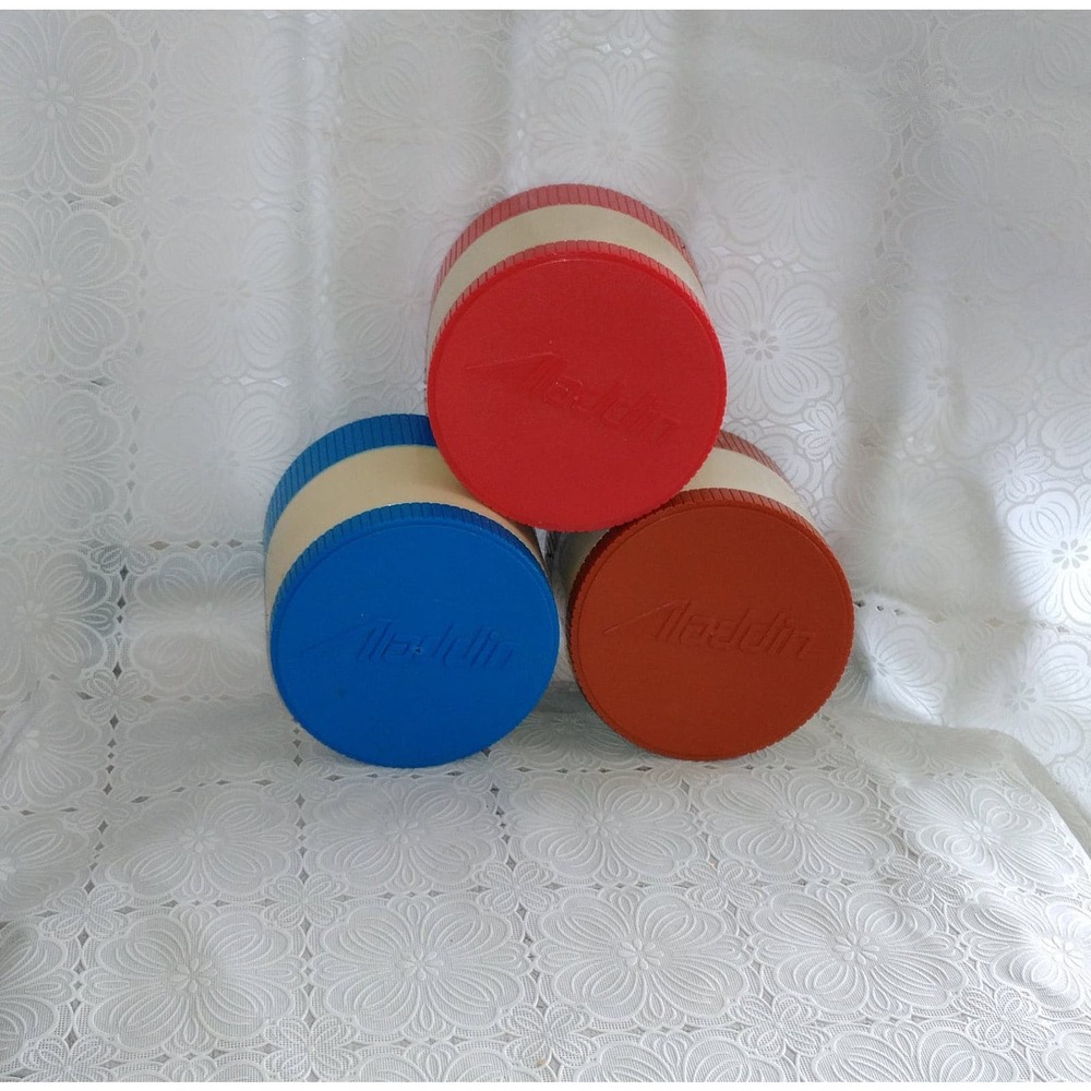 Vtg Aladdin 3 Small Thermos Blue Red Brown Soup Mini Insulated Jars #7000